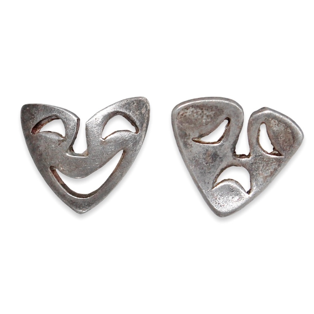 Vintage Sterling Silver & 14K Gold Comedy / Tragedy Mask Stud Earrings Theater